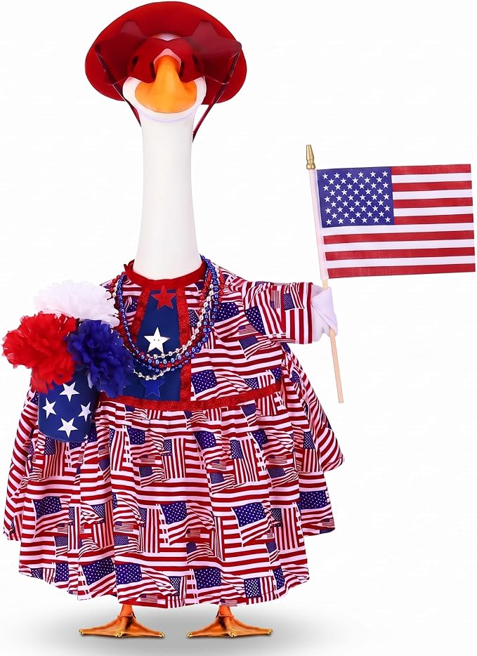 Abbylike 4th of July Porch Goose Outfit Fit 23" Plastic & Cement Statue American Flag Goose Skirt Clothes for Patriotic 250th Anniversary Independence Day Outdoor Garden Yard Patio Lawn Decor