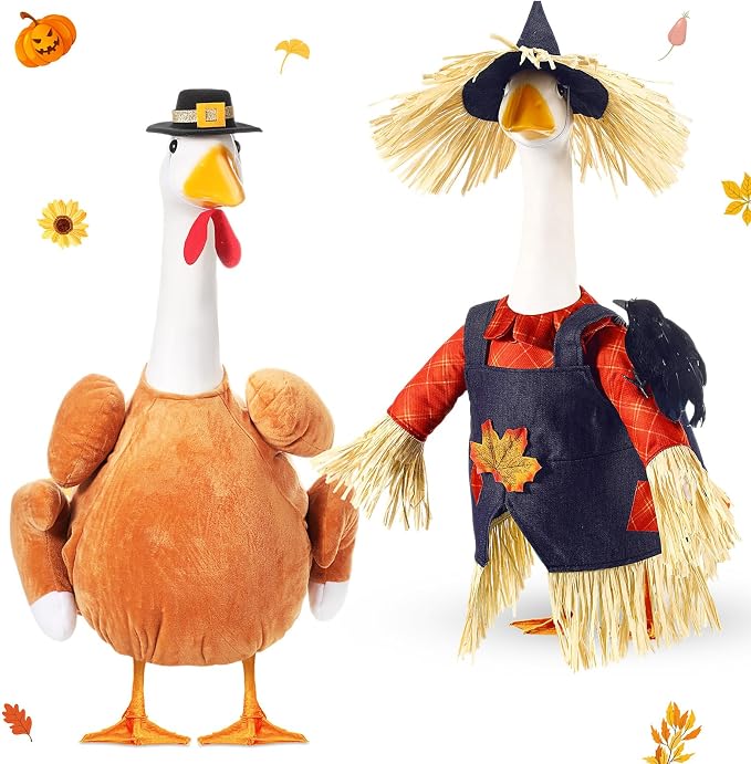 2 Set Thanksgiving Day Goose Outfit Scarecrow Turkey Lawn Porch Goose Cloths Plastic Clothing Fall Thanksgiving Outfit for 23 Inches Outdoor Patio Yard Lawn Art Decoration (Cute)