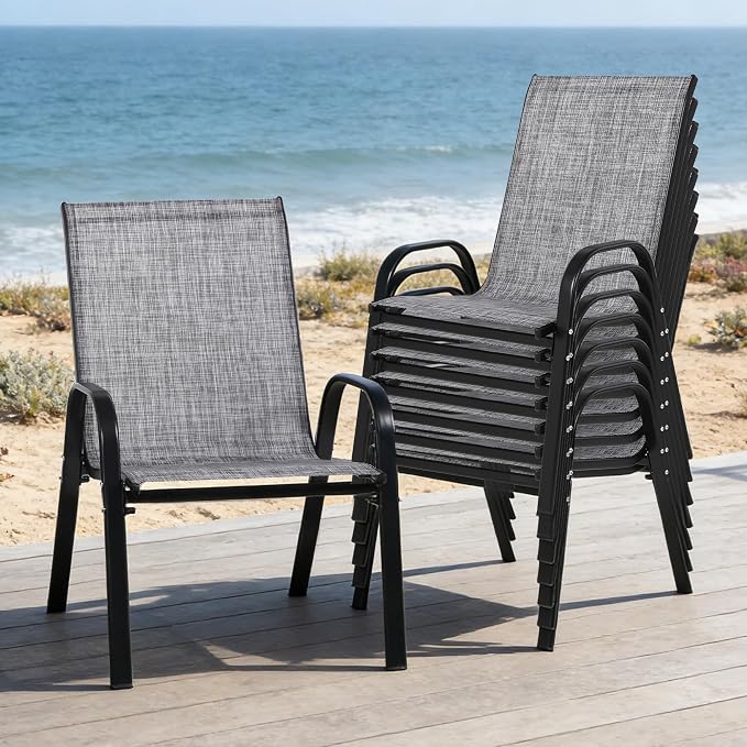 24.4" Wide Outdoor Stackable Chairs Set of 8, Stacking Patio Chairs with Textilene Fabric, Outside Furniture for Garden Backyard Balconie Poolside Deck, Grey