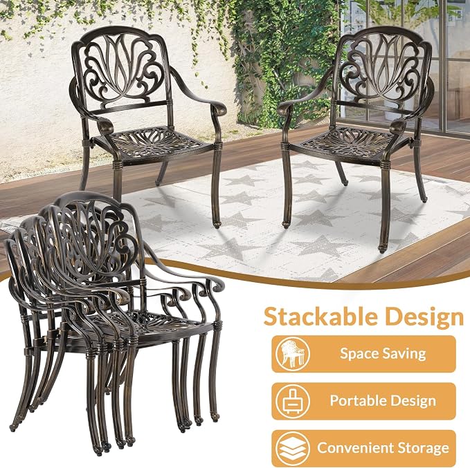 9 Piece Outdoor Patio Dining Set for 8, Cast Aluminium Large Square Dining Table & 8 Stackable Chairs, Umbrella Hole, Patio Furniture Set for Garden Porch Poolside, Dark Bronze