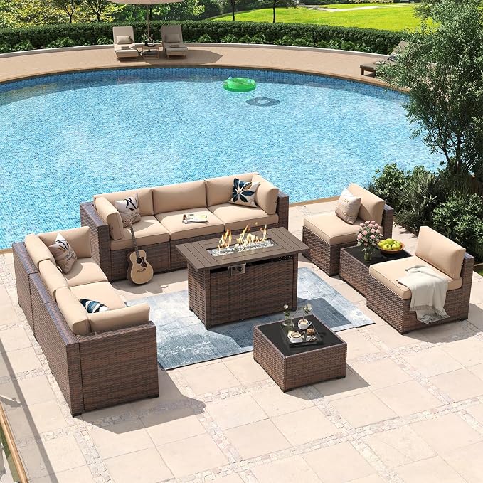 Aoxun 11 Piece Patio Furniture Set with 44” Fire Pit Table Wicker Rattan Outdoor Sectional Sofa Set with Coffee Table and Thickened Cushions, Beige