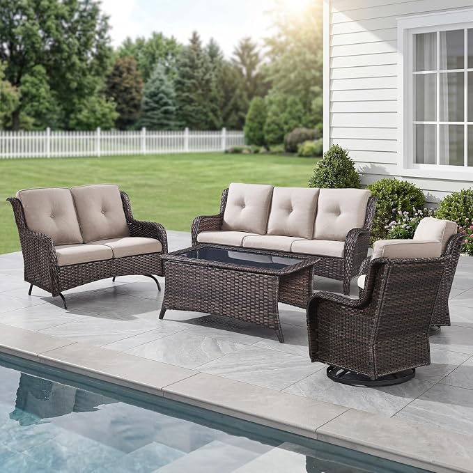 Belord 5 Piece Outdoor Wicker Furniture, Patio Swivel Rocking Chairs with Loveseat and 3 Seat Sofa,All Weather Patio Conversation Furniture Set, for Backyard Poolside Brown Wicker/Beige