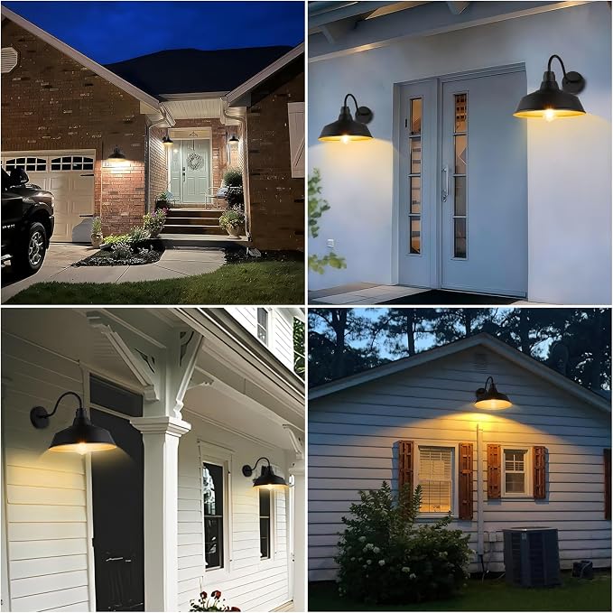 14.5" Dome Gooseneck Barn Light, Outdoor Anti-Rust&Waterproof Farmhouse Wall Sconce, Outdoor Wall Lanterns for Porch/Patio, E26 Base 100W Max(Black 2-Pack Exterior Lighting Fixtures)