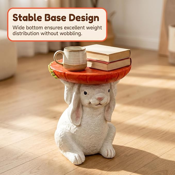 13.4 Inch Tall Bunny Side Table Garden Decor | Outdoor Resin Rabbit Statue, Plant Stand, Whimsical Carrot Tray End Table, For Kids Nursery Room Patio Yard