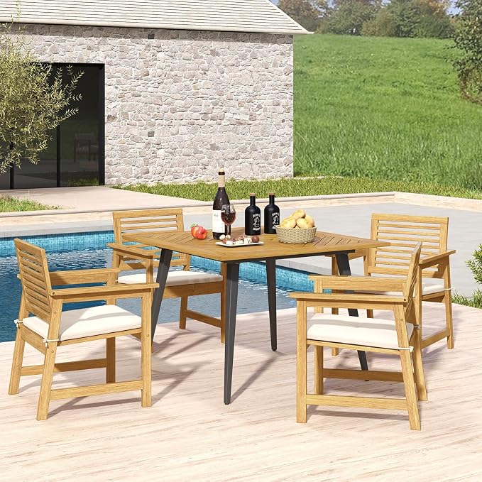 Tangkula 42.5" Acacia Wood Outdoor Dining Table for 4, Patio Table with 1.9" Umbrella Hole, Metal Legs & Adjustable Foot Pads, 4-Person Outside Table for Garden, Poolside & Backyard