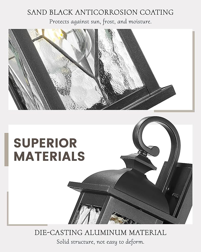 FEMILA 15" Exterior Wall Sconce, 2-Pack Outdoor Waterproof Wall Lights Fixture, Anti-Rust Matte Black Finish with Water Ripple Glass,4FD54B-2PK BK-SD