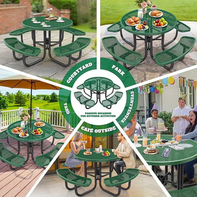 46IN Round Outdoor Picnic Table with Attached Seats, Heavy-Duty Metal Expanded Mesh Patio Table, 1600LBS Load Capacity Commercial-Grade Table for Park, Backyard, Deck, Green