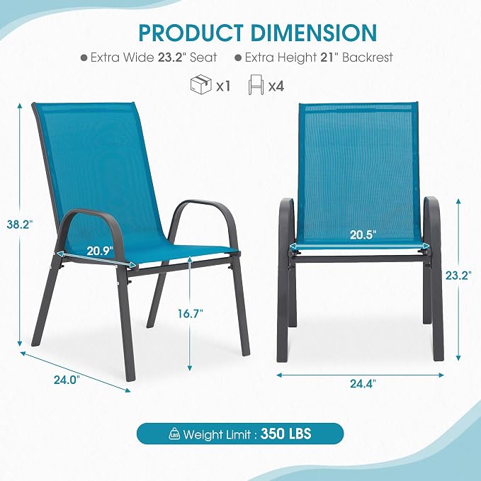 24.4" Wide Outdoor Stackable Chairs Set of 6, Stacking Patio Chairs with Textilene Fabric, Outside Furniture for Garden Backyard Balconie Poolside Deck, Blue