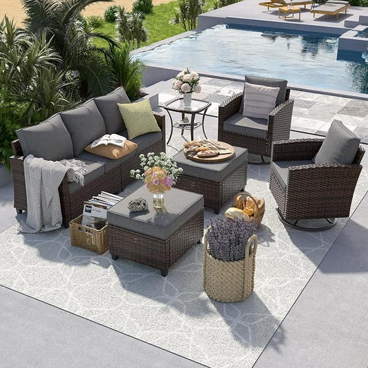 UDPATIO Patio Furniture Set, 6 Pieces Outdoor Sectional Couch with Swivel Rocking Chair, Brown Wicker Rattan Conversation Sofa, 4" Thick Cushion for Garden Backyard Deck, Dark Grey
