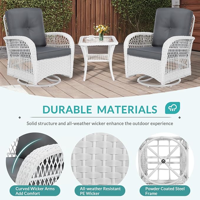 MEETWARM 5 Pieces Outdoor Patio Rattan Furniture Sets, All Weather Patio Wicker Conversation Set - 2 Rocking Swivel Chairs 1 Rattan Loveseat Glider with Cushions, 2 Coffee Table, White Wicker/Grey