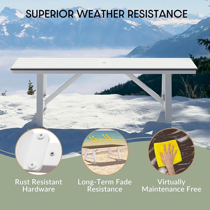 WestinTrends Cape May 90" HDPE Rectangle Outdoor Patio Dining Table with Umbrella Hole and Metal Frame, Dark Brown