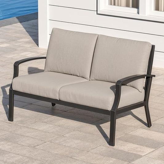 Never-Rust Aluminum Outdoor Loveseat, Modern Patio Loveseat Couch with Deep Seating, All-Weather 2-Seater Outdoor Patio Couch, Outdoor Club Sofa with Cushion for Balcony, Garden, Dark Bronze