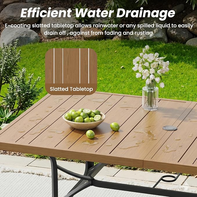 Soohow Outdoor Patio Table with 1.57" Umbrella Hole, 60"x35" Outdoor Dining Table Wood-Like Texture, All-Weather Metal Frame Patio Dining Tables for Poolside, Deck, Proch