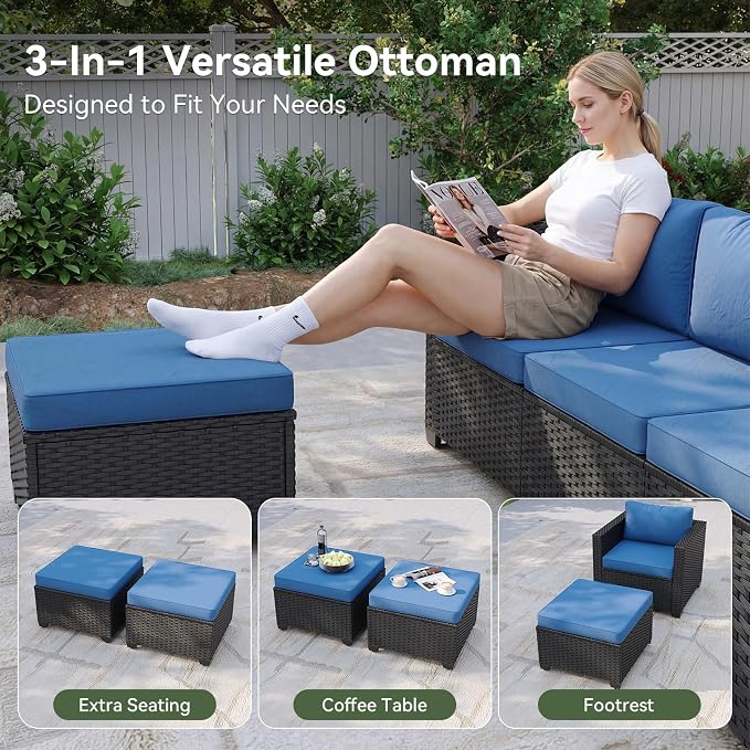 Aoxun 7 Piece Patio Furniture Set with Fire Pit Table, 10 Seats Outdoor Furniture Set with Wicker Ottomans, Rattan Outdoor Sectional Sofa with Thickened Cushion & Waterproof Cover Navy Blue