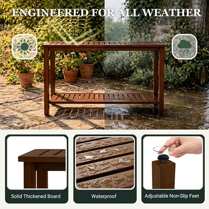 Premium 2-Tier Wooden Console Table with Storage Shelf Solid Eucalyptus Wood 48.03"x 16.14"x 31.1" Entryway Sofa Table for Hallway, Living Room (Brown)
