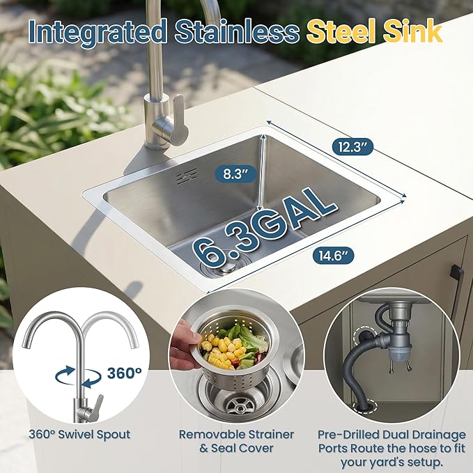 Wisteria Lane Outdoor Storage Cabinet with Stainless Steel Sink, Aluminum Modular Outdoor Kitchen, All Weather Kitchen Island with Storage, Drawers & Bar Table for BBQ, Porch, Backyard