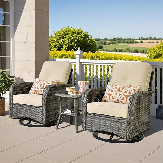 3 Pieces Outdoor Patio Furniture Set, Outdoor Wicker Rocking Patio Chairs Set of 2 with Coffee Table, All Weather Rattan Front Porch Chairs for Backyard, Garden, Poolside, Beige