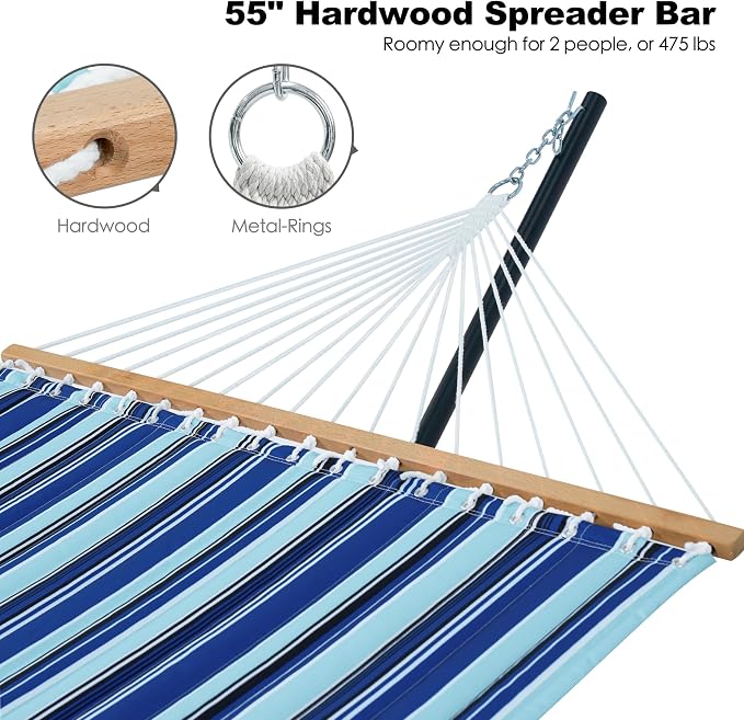 GAFETE 2 Person Hammock with Stand for Outside, Heavy Duty Steel Stand, Double 55inch Hammocks, Large Removable Pillow, Storage Bags, Max 475 lbs Capacity (Pacific Stripe Blue)