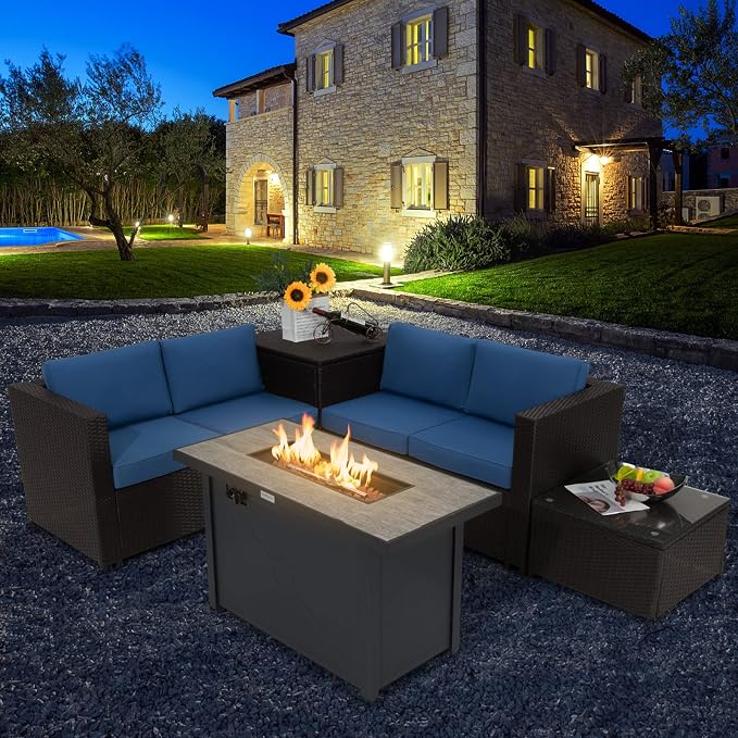 COSTWAY 5 Piece Patio Furniture Set with 42'' Fire Pit Table, Outdoor Wicker Rattan Loveseat Sofa with 4'' Thickened Cushions, 2 Side Tables, Sectional Conversation Set for Backyard (Navy)
