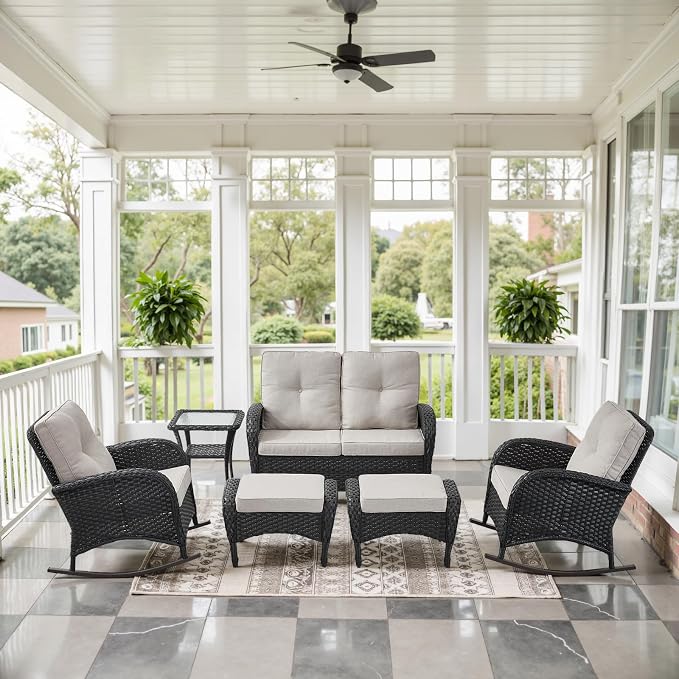 Belord 6 Pieces Outdoor Patio Furniture Set with Wicker Rocking Chairs, Rattan Patio Conversation Set with Glider Loveseat Ottomans and Side Table Black/Beige