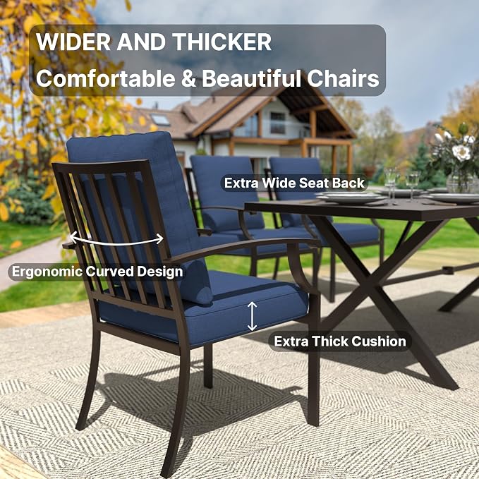 Gotland 7 Piece Outdoor Dining Set, Metal Outdoor Table and Chairs with X-Shaped Legs 1.5" Umbrella Hole, Patio Furniture Set with Waterproof Cushions, Patio Dining Sets for Backyard Deck Navy