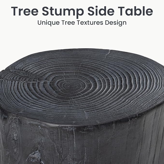 HOMPUS Concrete Outdoor Side Table, Tree Stump Modern Round Accent Table, Planter Stand Faux Wood End Garden Stool for Patio, Home Decor, Living Room, Black