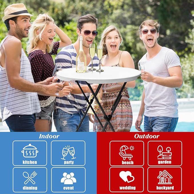 2Sets 32in Hightop Folding Cocktail Tables+Covers, White-Spandex Stretch Folding Bar Table Covers, Removable Legs Bar Height Folding Table Outdoor Indoor Use (2+2White/2Covers+2Tables)
