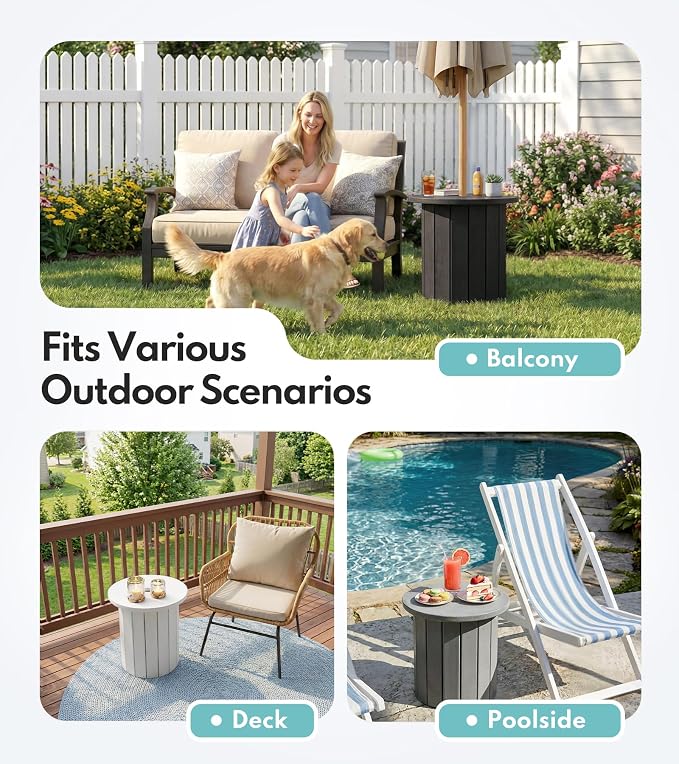 PASAMIC 2-in-1 Patio Table Umbrella & Outdoor Side Table, Large Round Small Outdoor Table with Umbrella Hole, Fits 1.5-1.9in Pole, 5Gal Water Bag Base, HDPE for Poolside, Deck, Garden Use, White