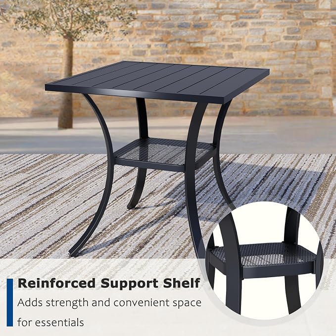 3 Piece Outdoor Dining Set, Patio Table and Chairs Set of 2, 27.6" Black Square Patio Table with 2 Blue Stackable Patio Chairs for Lawn, Garden, Porch