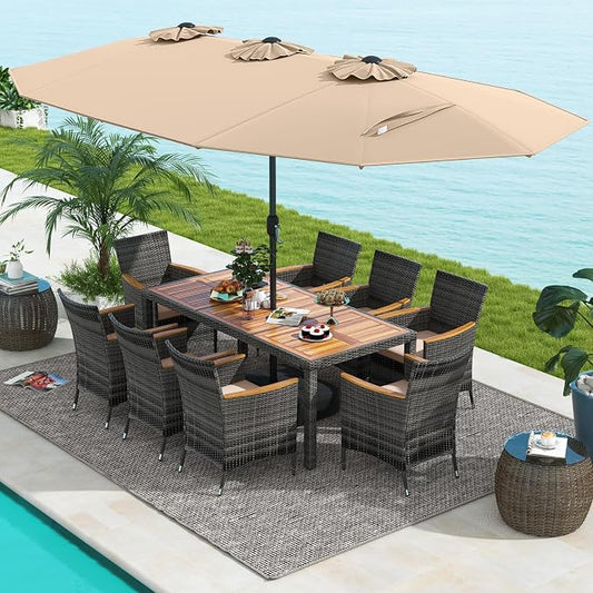 Tangkula 10 Pieces Patio Wicker Dining Set w/Double-Sided Patio Umbrella, Outdoor Acacia Wood Furniture Set w/ 8 Armchairs, 71” Dining Table & 15 ft Umbrella with Weighted Base (Coffee)