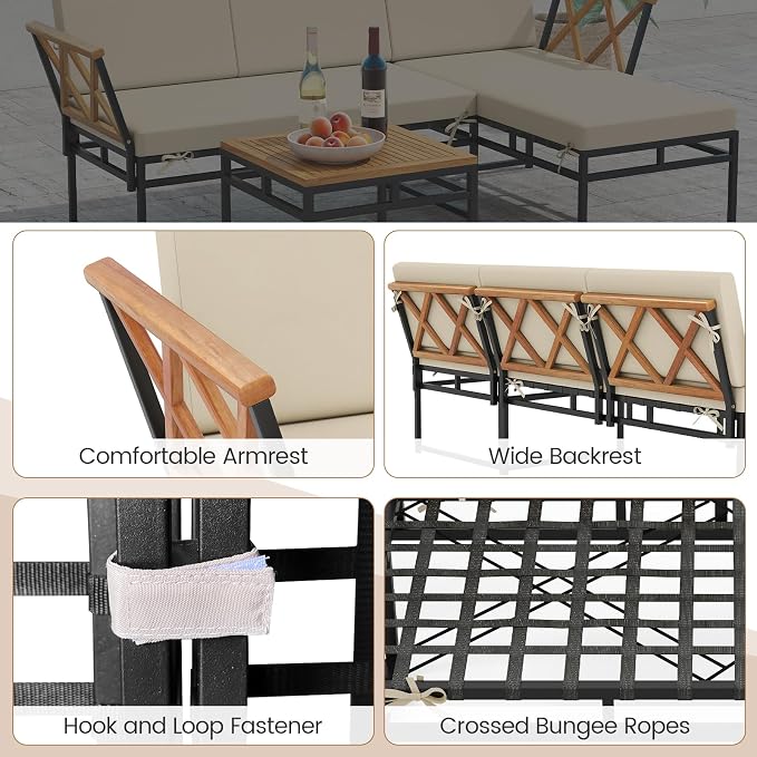 Tangkula 3 Pieces L-Shaped Outdoor Furniture Set, Acacia Wood Patio Sectional Cushioned Conversation Sofa with Square Coffee Table, for Porch, Backyard & Poolside (Beige)