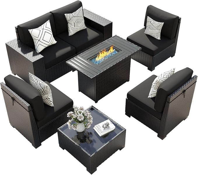 7 Piece Patio Furniture Set with Fire Pit Table, Outdoor Sectional Conversation Sets Black Wicker Rattan Sofa with Coffee Table for Patio Garden Backyard, 4'' Thickened Cushion Black