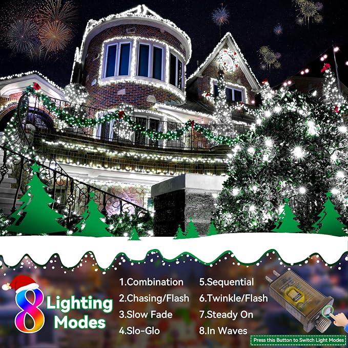 Christmas Lights Outdoor, 403FT 1000 LED String Lights 8 Modes and Timer Memory Function Twinkle Fairy Lights IP44 Waterproof Plug in for Xmas Tree Wedding Party Holiday Decor(White)