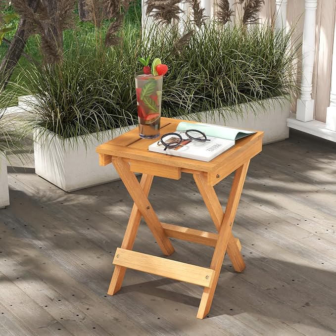 HAPPYGRILL Outdoor Folding Side Table Set of 2, Wood Square End Table with X-Shaped Legs, Slatted Tabletop, 14” Compact Outside Table, Portable & Lightweight Patio Coffee Table