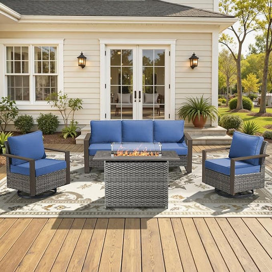 High Back Patio Furniture Set with Fire Pit Table, 4-Pieces Outdoor Furniture with Metal Arm Swivel Chairs, Wicker Conversation Set for Porch, Balcony, Deck and Yard, Grey/Blue