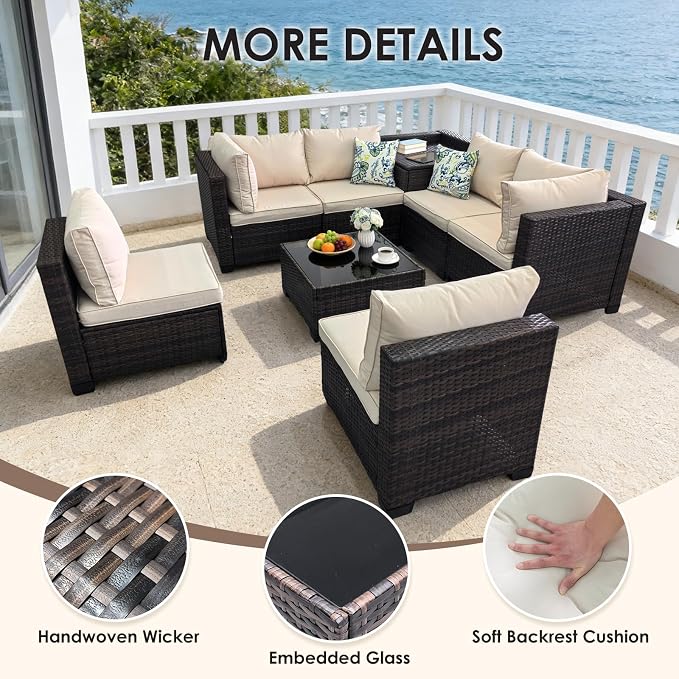 8 Pieces Patio Furniture Set with Storage, Outdoor Sectional Sofas | Storage Box with a Waterproof Bag, Wicker Modular Outdoor Sectional Furniture with Thick Cushions for Deck, Porch, Beige