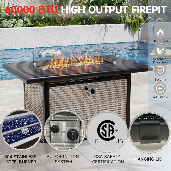 12-Piece Outdoor Patio Furniture Set with Fire Pit, Modular Sectional Sofa Set with Swivel Rocker Chairs & Ottomans, Wicker Outdoor Couch Conversation Sets w/Coffee Table and Cushions, Khaki