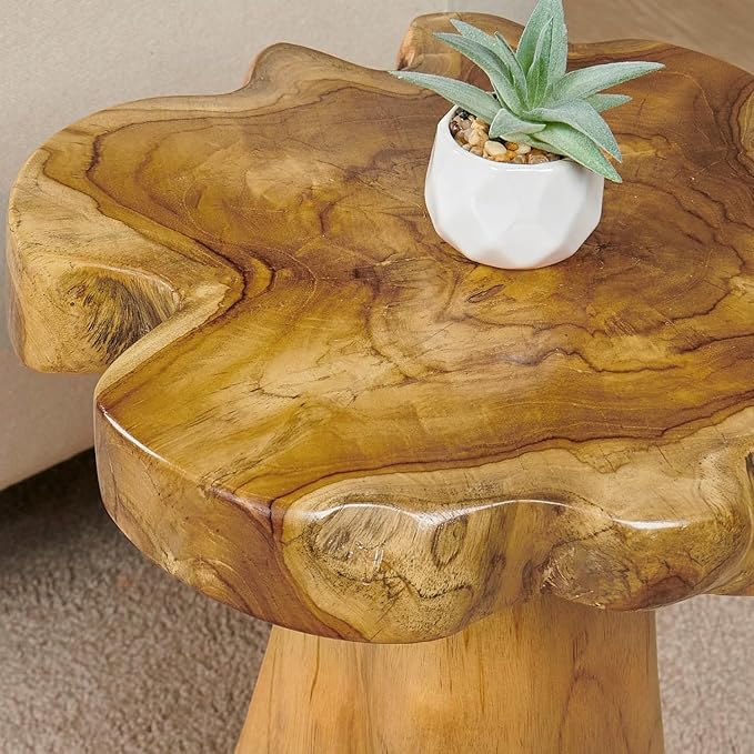 Teak Wood Stump Side Table 14"x15"x19" H Solid Natural Wood Live Edge Tree Stump Plant Stand Rustic Handmade Coffee End Table for Living Room Bedroom Outdoor Garden
