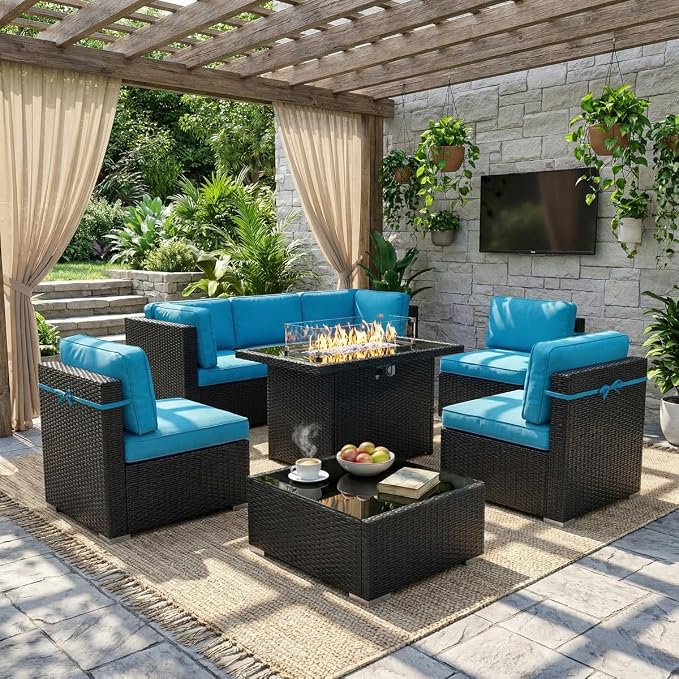 LayinSun 8 Piece Patio Furniture Set with 44" Propane Gas Fire Pit Table, Outdoor Sectional Conversation Set Wicker Rattan Sofa Set with Coffee Table