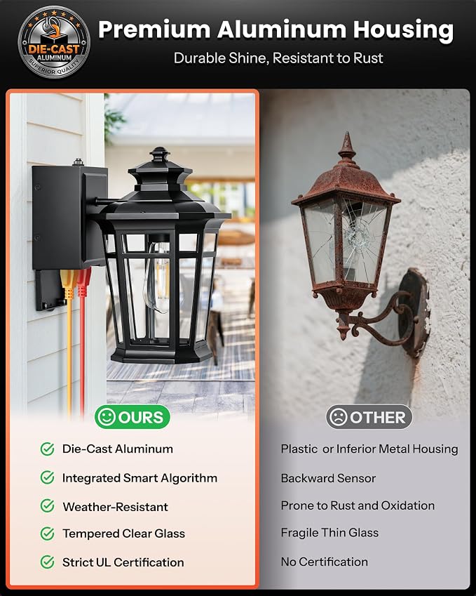 Gleamz Large Dusk to Dawn Outdoor Lighting with GFCI Outlet, Black Exterior Lighting Fixtures, Outdoor Porch Lights Wall Mount for Garage, Patio, Coach, 100% Aluminum Anti-Rust Waterproof