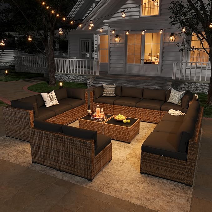 Aoxun Patio Furniture Sets, 14-Piece Outdoor Patio Furniture with 44'' Propane Gas Firepit Table, Wicker Outdoor Conversation Set Sectional Sofa for Backyard, Poolside, Garden
