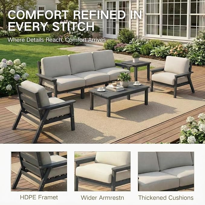 Kingdura HDPE Patio Furniture Set, 7 Piece Outdoor Sectional Sofa with Coffee Table & Side Table, All Weather Outdoor Couch Conversation Set with Washable Cushions for Backyard Poolside Balcony