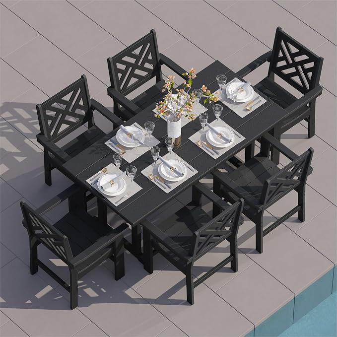 HDPE Outdoor Dining Set for 6,Patio Dining Set with Umbrella Hole,Weather Safe Outdoor Table and Chairs for Garden, Backyard, Poolside Black