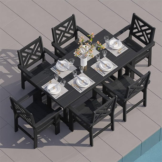 HDPE Outdoor Dining Set for 6,Patio Dining Set with Umbrella Hole,Weather Safe Outdoor Table and Chairs for Garden, Backyard, Poolside Black