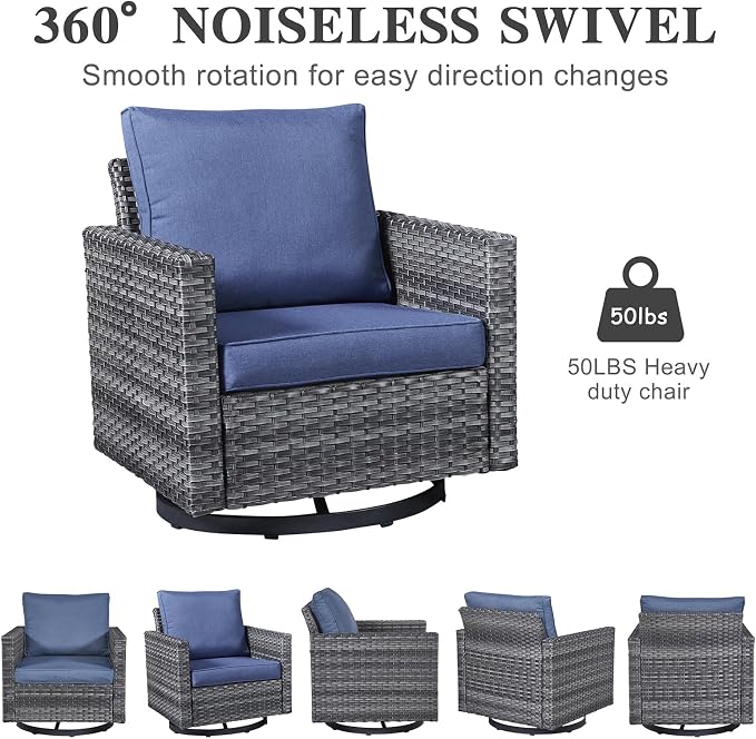 Belord Outdoor Bistro Set 3 Piece Wicker Swivel Rocker Patio Chairs, Oversize Outdoor Rattan Seating Set, Patio Swivel Glider Chairs Wicker Furniture with Metal Side Table for Outside Porch Backyard