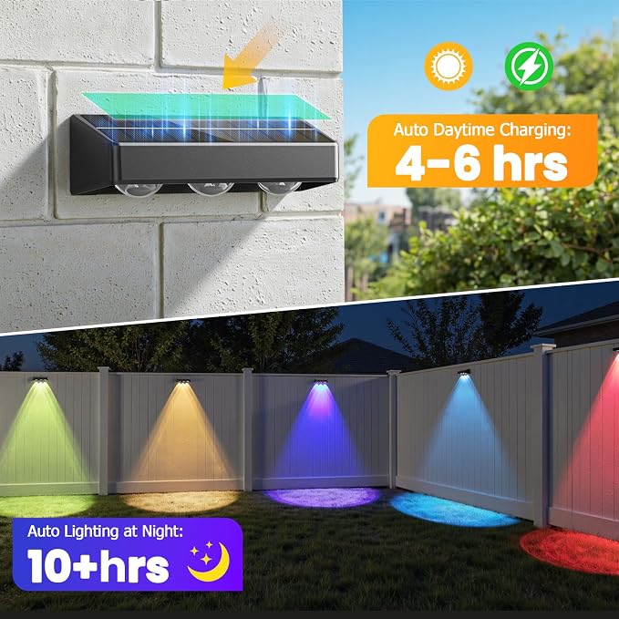 Solar Fence Lights,16 Pack Solars Deck Light,RGB Color,Outdoor Bulb Waterproof Led IP65,Outdoor Fence Light,Power Patio Lamp with Lenses for Outside/Backyard/Railing/Yard(Black)