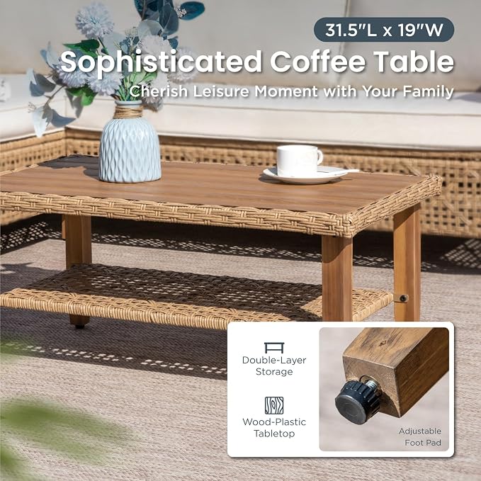 PHI VILLA Wicker Patio Furniture Set, Rattan Patio Sectional Sofa Outdoor Couch Set with Acacia Wood Coffee Table, 7 Pieces U-Shaped Patio Conversation Set for Backyard Porch, Beige Cushion