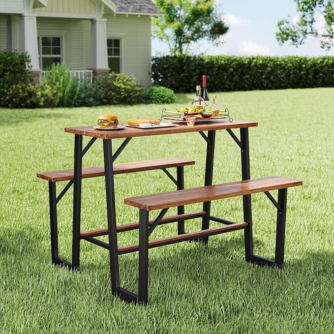 Giantex 4.5FT Picnic Table Bench Set for 4, Acacia Wood Outdoor Dining Table Set, 2" Umbrella Hole, Heavy Duty Metal Frame, Footrest Bar, Large Rectangular Tabletop for Porch Patio Lawn Garden