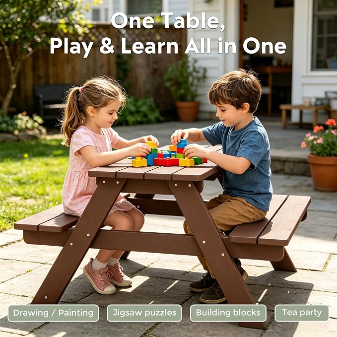 WestinTrends Malibu Outdoor Patio and Indoor Kids HDPE Plastic Picnic Bench Table, Dark Brown