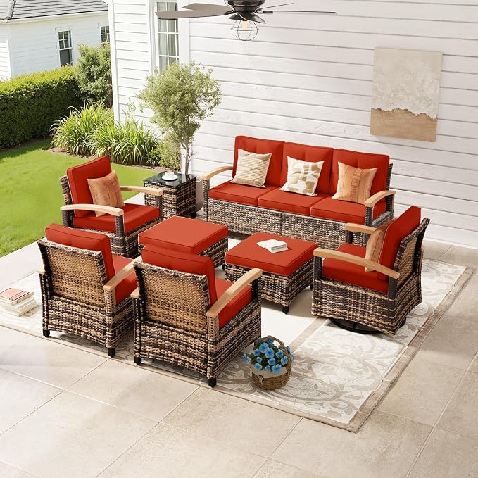 MEISSALIVVE 8 Pieces Outdoor Patio Furniture Sets, Wicker Patio Conversation Sets with 2 Wood Armrests Swivel Glide Chairs,2 Single Chairs, 3-seat Sofa (Red)